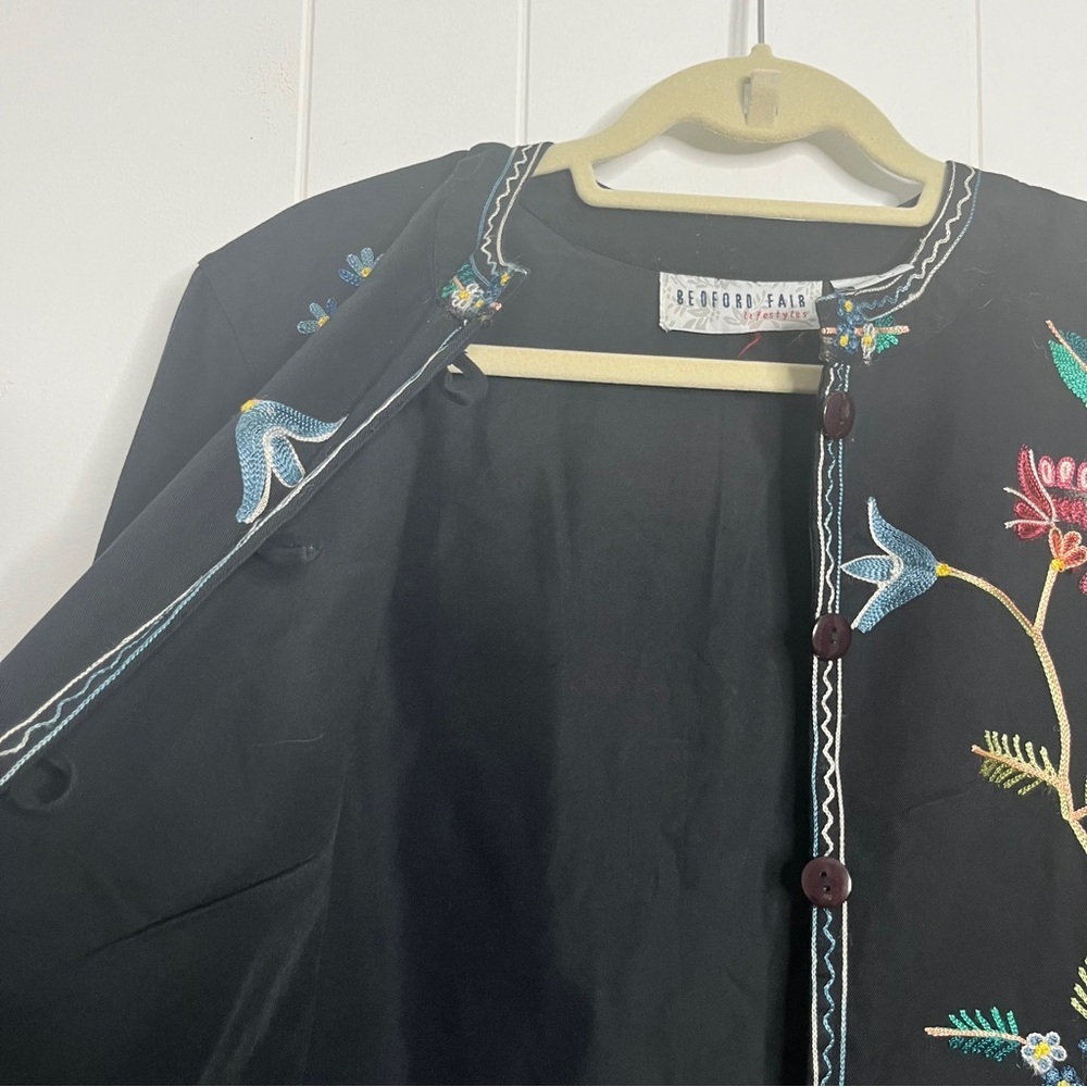 Vintage 90s Bedford Fair Embroidered Black Floral Jacket Folk Women's L - Picture 3 of 9